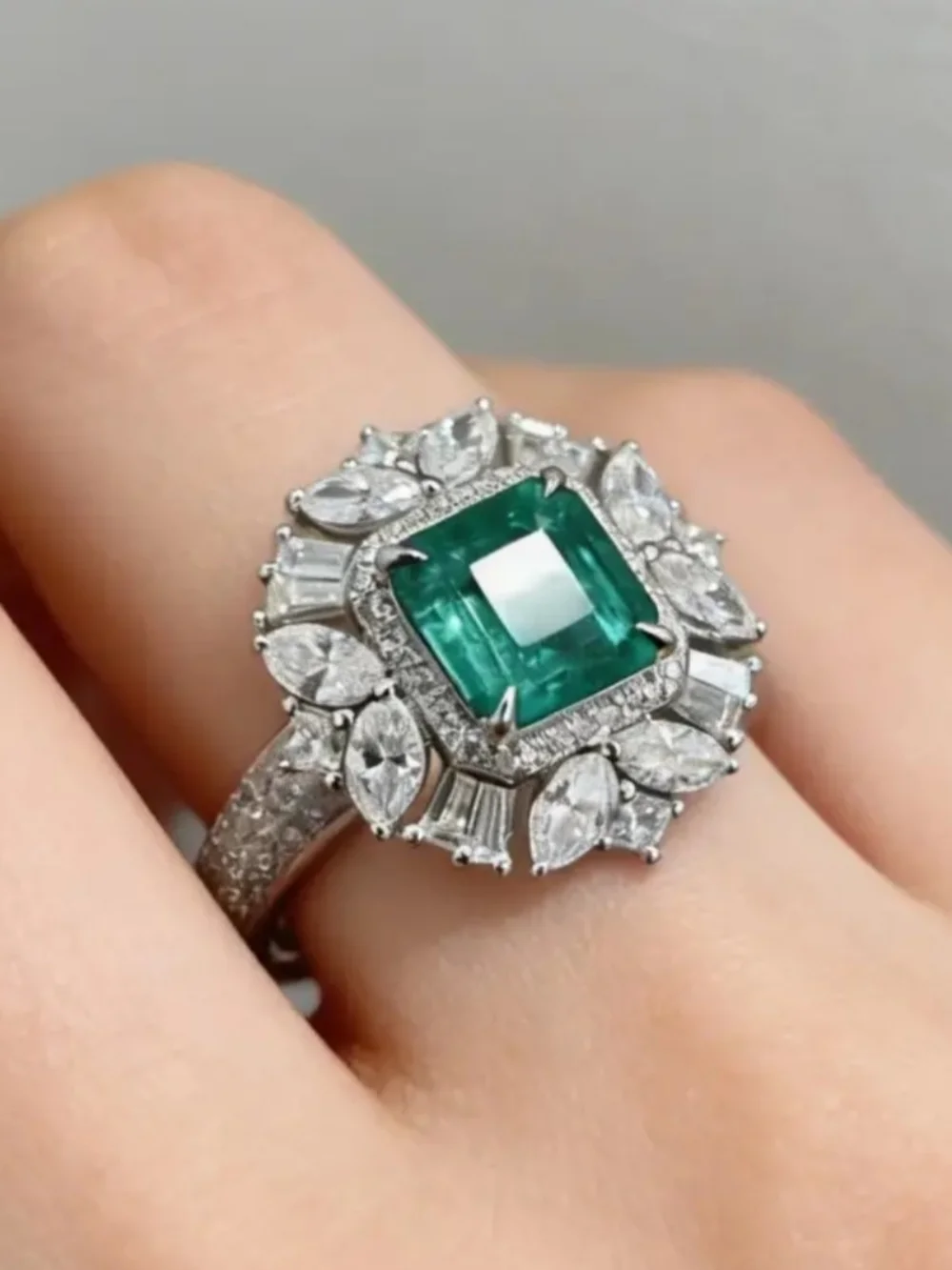 White Rhodium Emerald Halo Cocktail Ring